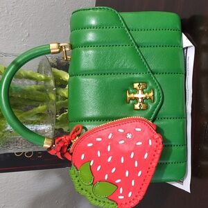 Tory Burch Kira Basil Green Mini Top Handle plus Strawberry 🍓 Coin Purse